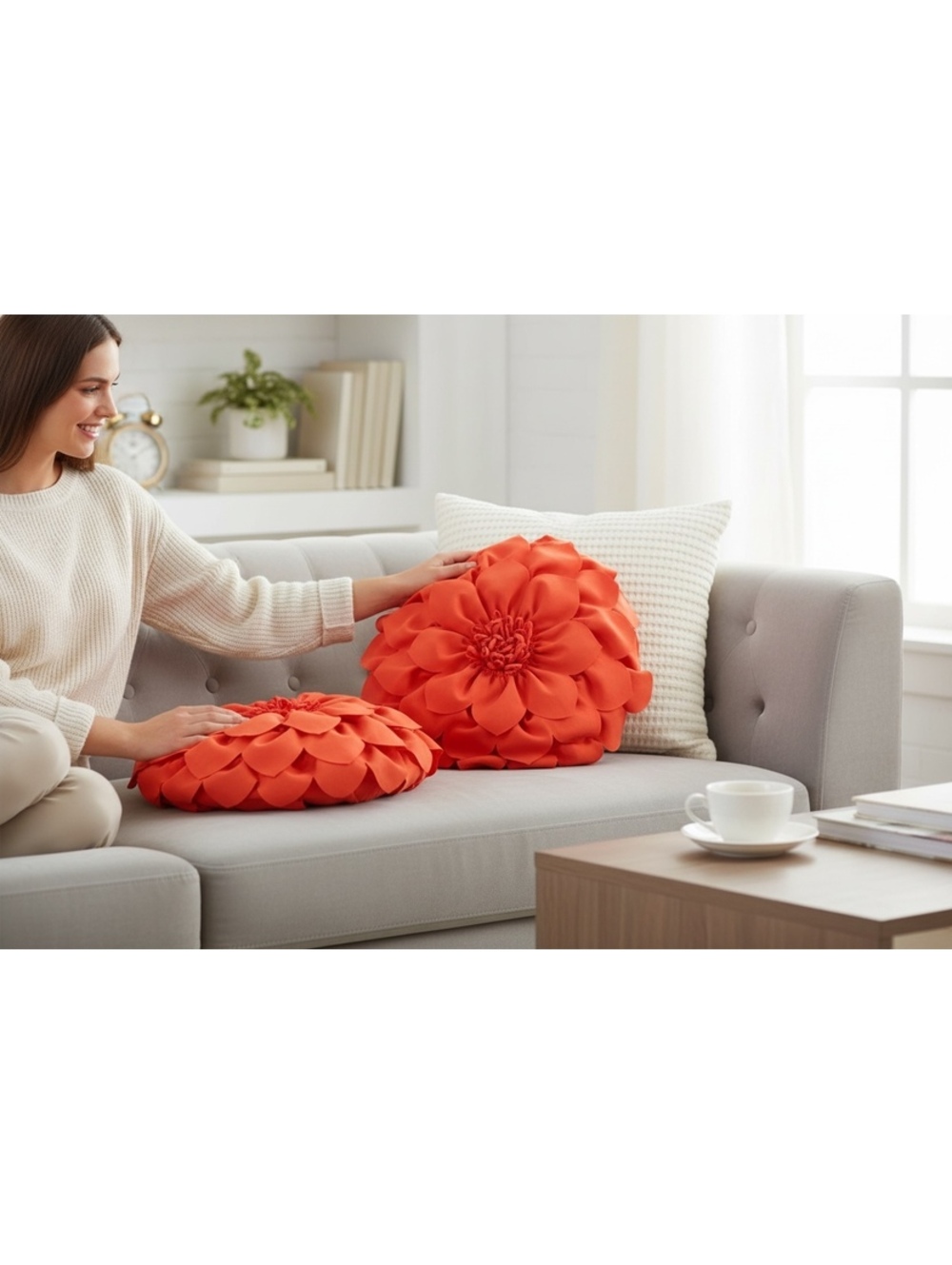 Pyramid Home Set of 2 Orange 100% Polyester Flower Decorative Throw Pillows